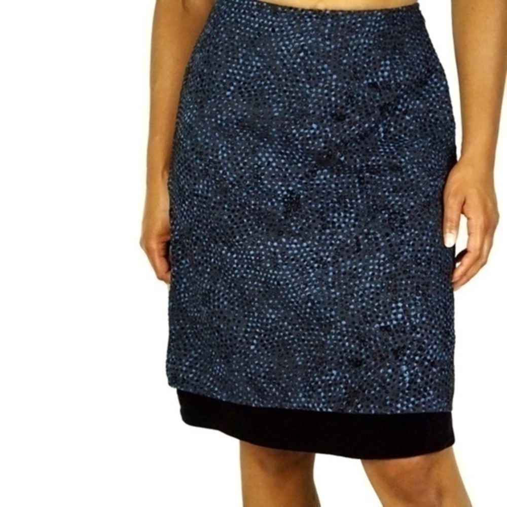 Penny Blue Dot Print Black Velvet Trim Detailed Chiffon Pencil Skirt